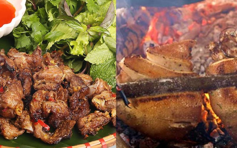 Carne di maiale arrosto su rami di bosco