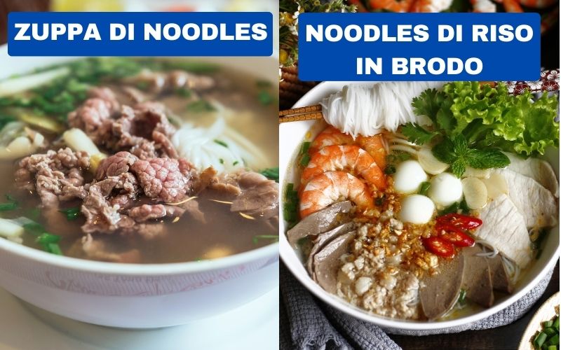 Zuppa di noodles e noodles di riso in brodo